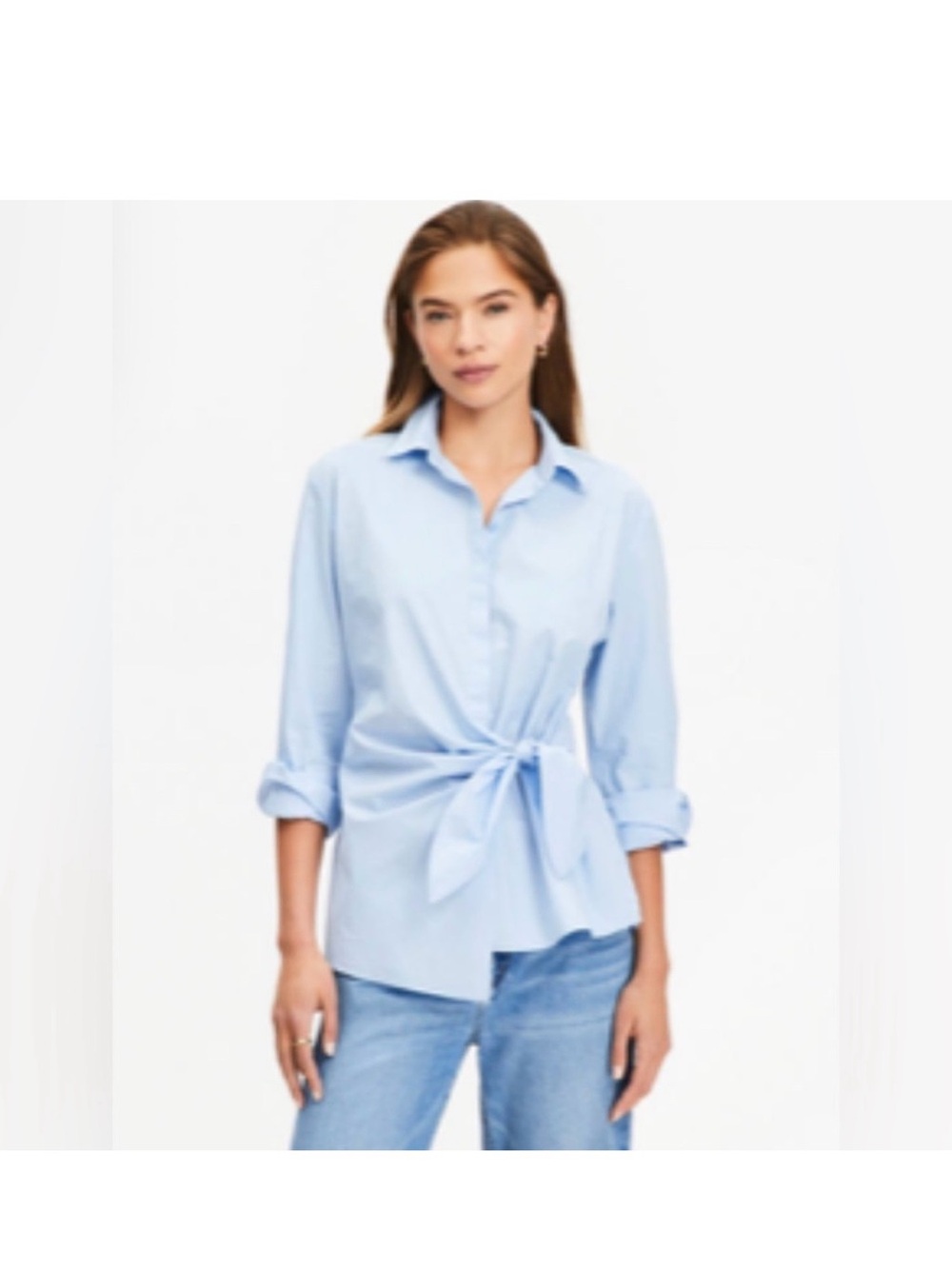 LOFT Light Blue Tie-Front Button Down Poplin Shirt